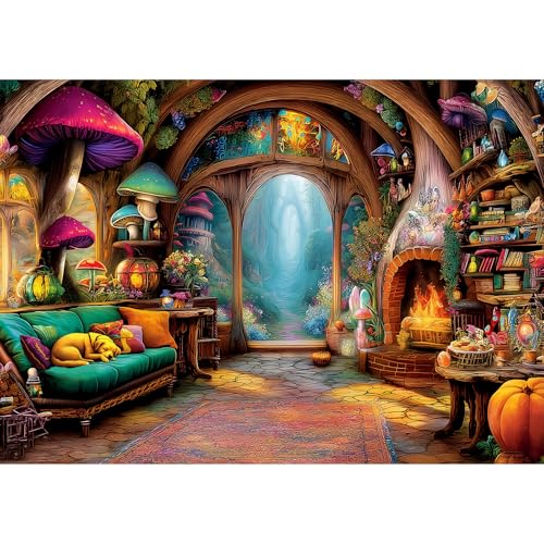 MINIWAN 1000 Piece Magical Forest Cottage Mushroom Jigsaw Puzzle | Adults & Seniors, 27.5"x19.7", Letters on Back, Reference Poster - color: Fantasy Fairy Tale Cottage