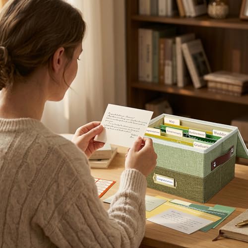 Vienrose Greeting Card Organizer Box, Foldable Storage Box with 20 Removable Dividers and 84 Self-Adhesive Labels, Card Box for Greeting Cards Photos Envelopes Stickers Postcards, Sage & Olive - color: Sage & Olive