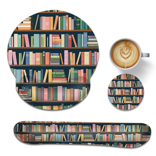 Bookshelf Ergonomic Keyboard and Mouse Wrist Rest Set, Library Book Mouse Pad with Non Slip Base, Soft Cloth Surface for Office and Home Typing Support - color: Bookshelf Library Book