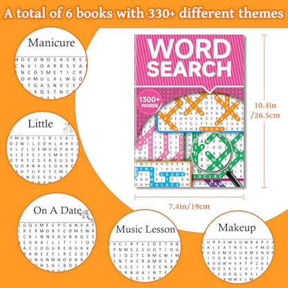 Elfew 8000+ Large Print Word Search Books for Adults & Teens & Seniors, 6-Pack with 330+ Themes Puzzles Activity Books for Brain Games & Stress Relief（Innovative Shape Word Search Design）