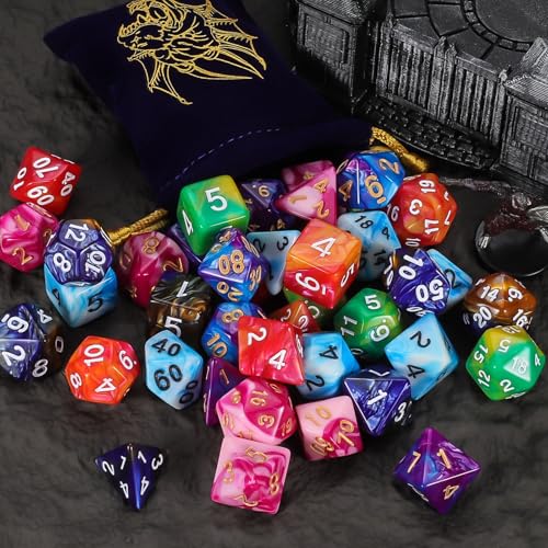 DND Dice Set - QMay 42pcs Polyhedral Dice, 6 Complete Double-Colors D&D Dice Sets with 6 Blue Drawstring Bags for Dungeons and Dragons RPG MTG Table Games - color: 6 Sets-42pcs(blue Bag)
