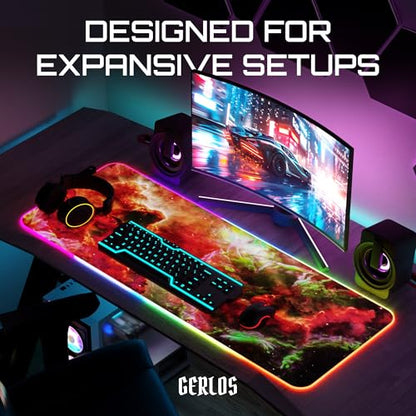 Gerlos RGB Gaming Mouse Pad, Large LED Desk Mat, 31.5 x 11.8 Inch | 12 light modes, non-slip base, water-resistant surface, stitched edges - color: Red