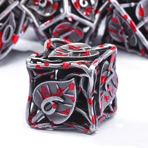 AUSTOR Metal DND Dice Set 7 Pieces Leaf DND Dice Hollow Polyhedral Dice D20 D12 D10 D% D8 D6 D4 Metal Dice with Metal Box for Dungeons & Dragons RPG Board Games (Tin & Blood) - color: Antique Tin & Blood Spattered