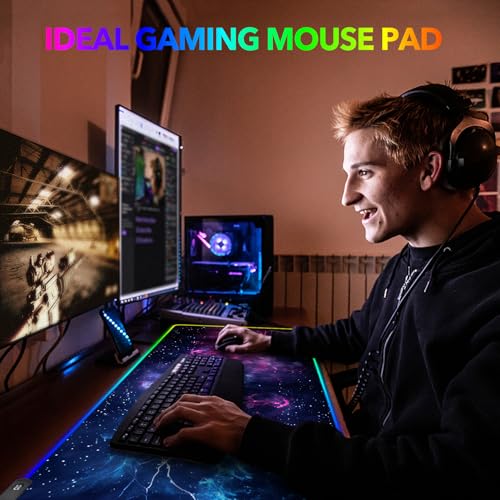 AIMSA LED Gaming Mouse Pad RGB, Large Mouse Pad with 14 Light Modes, Keyboard Mousepad Led Extended Surface (35.4 x 15.8 in) for Desktop Gamers, Blue Purple Starry Nebula - color: Blue Purple Starry Nebula