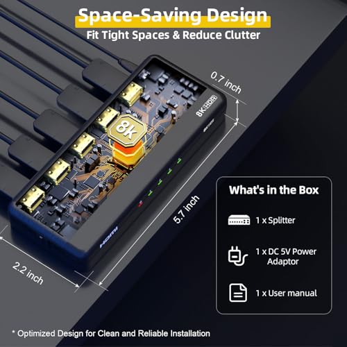 8K HDMI Splitter 1 in 4 Out (Mirror Only) – HDMI 2.1 | 8K@60Hz, 4K@240Hz DSC, 4K@120Hz, Auto Downscaling, 48Gbps, HDCP 2.3, Duplicate Screens for Multiple Monitors, TV, PS5, Xbox