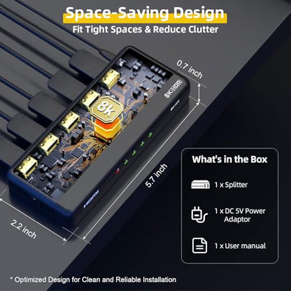 8K HDMI Splitter 1 in 4 Out (Mirror Only) – HDMI 2.1 | 8K@60Hz, 4K@240Hz DSC, 4K@120Hz, Auto Downscaling, 48Gbps, HDCP 2.3, Duplicate Screens for Multiple Monitors, TV, PS5, Xbox