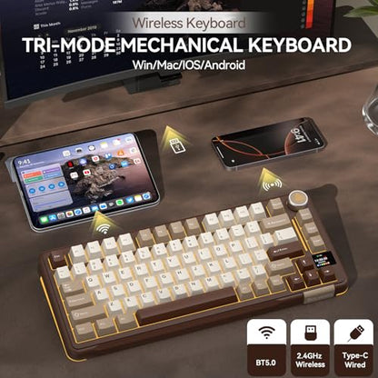 SOLAKAKA A75 PRO 75% Wireless Mechanical Keyboard with Screen and Knob, Tri-Mode Hot Swappable Gaming Keyboard, RGB Backlit Gasket Creamy Pre-lubed PBT Computer Keyboard for PC/Mac/Win,Brown - color: CreamBrown