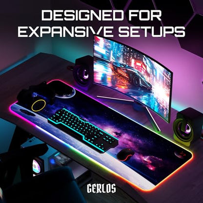 Gerlos RGB Gaming Mouse Pad, Large LED Desk Mat, 31.5 x 11.8 Inch | 12 light modes, non-slip base, water-resistant surface, stitched edges - color: Space