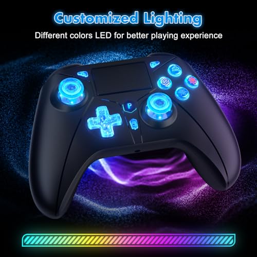 Dinosoo RGB Wireless Controller with LED Light & Remap Back Buttons, Adjustable Turbo, 2.4G Adapter for PS5, PC - color: Blue