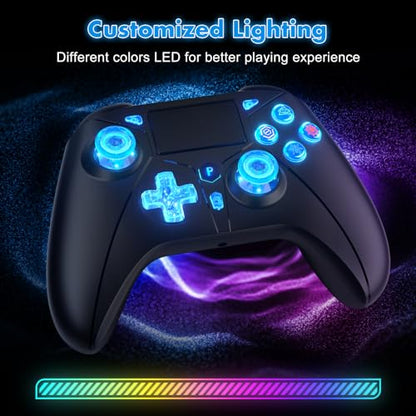 Dinosoo RGB Wireless Controller with LED Light & Remap Back Buttons, Adjustable Turbo, 2.4G Adapter for PS5, PC - color: Blue