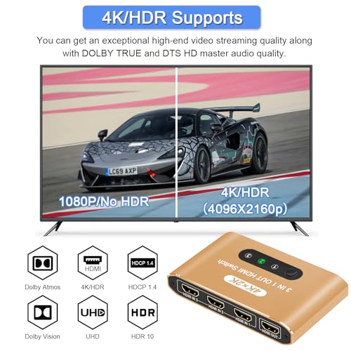 HDMI Switch 3 in 1 Out, 4K@60Hz HDMI Splitter with Remote Control, 3 Ports HDMI Switcher, Perfect for Full HD 4K 1080P 3D Video Roku Fire TV Blu-ray Players Stick Apple PS4/PS5 Xbox Chromecast (Gold) - color: Gold