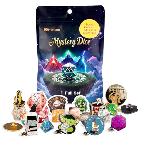 Haxtec Mystery DND Dice Set 7pcs Polyhedral Dice + 3 Funny Waterproof Stickers + 1 Enamel Pin, Mystery Dice for Dungeons & Dragons,Sharp Edge Upgrade Chance, Great DND Gift, No Duplicates in 2/5 Packs - style: Classic + Pin