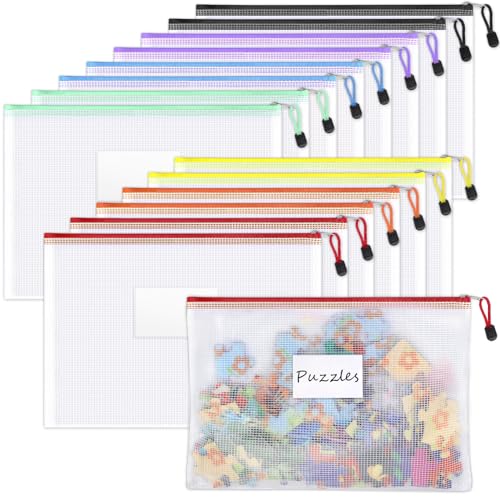 Sooez 14 Pack Mesh Zipper Pouch Bags, A4 Letter Size, Classroom Zipper Bags | Waterproof Bag Organizer with Label Pocket, School Office Teacher Student Supplies, Storage Pouches Board Game Toy Storage - style: 14 Pack