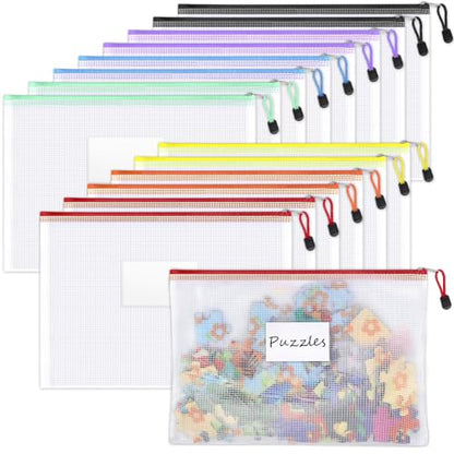 Sooez 14 Pack Mesh Zipper Pouch Bags, A4 Letter Size, Classroom Zipper Bags | Waterproof Bag Organizer with Label Pocket, School Office Teacher Student Supplies, Storage Pouches Board Game Toy Storage - style: 14 Pack