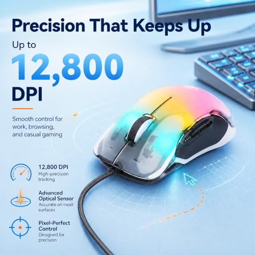 MANHATTAN RGB LED Wired USB Mouse, 12800 DPI, 5 Buttons, Braided | Transparent right-hand USB-A controller with dpi indicator LEDs, quiet wheel and browser thumb keys for PC or laptop