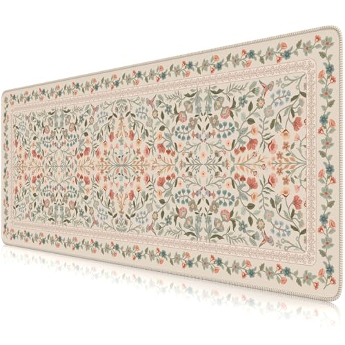 iCasso Aesthetic Floral Desk Mat, L Mouse Pads, Anti-Slip Mousepad with Stitched Edges, Waterproof Computer Pad 11.8"x31.5", Desk Accessories Office Decor for Women(Beige) - color: Beige, size: 31.5L x 11.8W inches