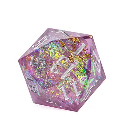 Cusdie Single D20 DND Dice with Sharp Edges and Glitter Foil Inclusions, 20 Sided D&D Dice, 33mm Handcrafted Polyhedral Dice, for Role Playing Game (Purple/Silver Font) - color: Purple