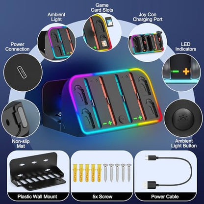 Switch 2 Wall Mount, Wall Mount Stand for Nintendo Switch 2 (2025) Console with 4 Joy Con Charger Ports and 7 RGB Modes Light, Space Saving Dock with Cooling Vent Design & Easy Installation