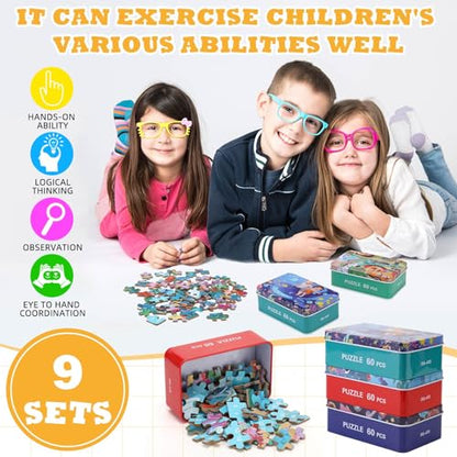 Libima 9 Boxes Party Favors Jigsaw Puzzles in a Metal Box for Birthday Favors Supplies Wooden Puzzle Gifts, 9 Styles, 60 Pieces Each(Lovely Style) - style: Lovely Style