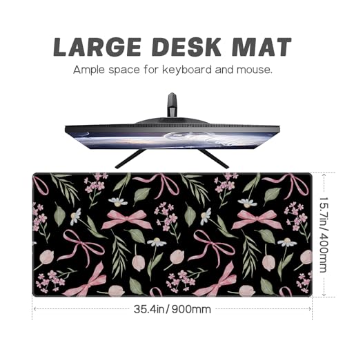 Baziabbo Black Desk Mat,XXL Extended Large Mouse Pad,Cute Gaming Mousepad with Stitched Edge,Non-Slip Rubber Base Keyboard Desk Pad for Home Office Study Game - color: Bow Black
