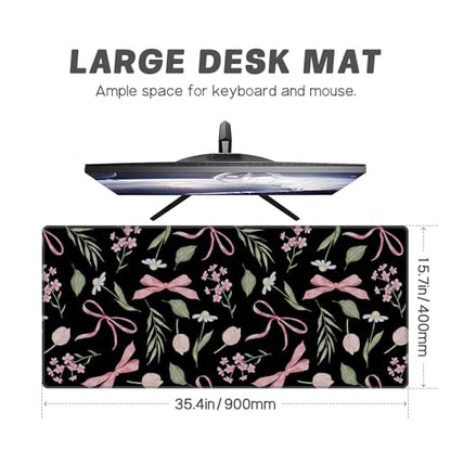 Baziabbo Black Desk Mat,XXL Extended Large Mouse Pad,Cute Gaming Mousepad with Stitched Edge,Non-Slip Rubber Base Keyboard Desk Pad for Home Office Study Game - color: Bow Black