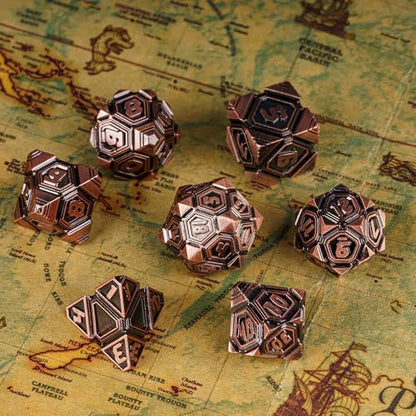 Metal UFO Dice Set, 7 Die Metal Polyhedral Dice Set for DND Dungeons and Dragons Role Playing Games,with Skull Bag.(Ancient Red Copper) - color: Ancient Red Copper