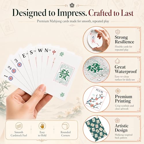 Chinese Mahjong Tile Set: Mahjong Playing Cards,144 Mahjong Cards, Portable Deluxe Set with Dice,Chips &Game Guide, Easier Than Traditional Tiles,Fun for Any Occasion.