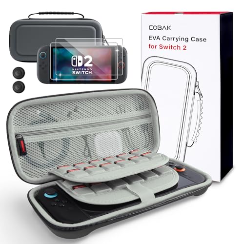 CoBak Large Capacity Carrying Case for Nintendo Switch 2 (2025) | 3 in 1 Accessories Bundle with 2 Screen Protectors, Thumb Grip Caps, 24 Game Cartridges, Hard Shell Portable Travel Pouch - color: Gray, size: 7.9 inch