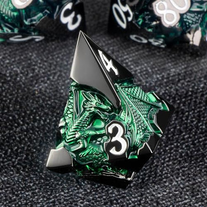 Roycevon Relief Dragon DND Dice Set for Role Playing Game, 7Pcs Metal D&D Dice Set Dungeons Dragons with Gift Box, Polyhedral D and D Dice D20 D12 D10 D8 D6 D4, Green and White - color: Green and White