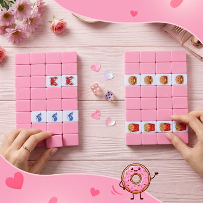 Capoda 2 Players Mahjong Block Set with 65 Tiles Pink Melamine Tiles Velvet Drawstring Bag and 2 Acrylic Dice Portable Mahjong Tile Game Ocean Animals and Food Pattern for Summer Travel Family Game - style: Animal and Food