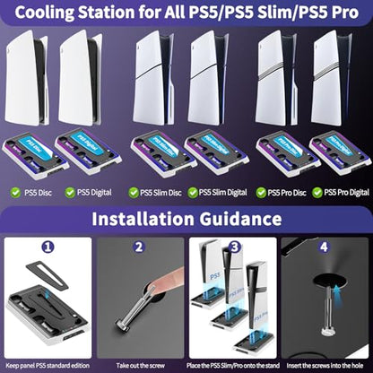PS5 Cooling Station for PS5/Slim/Pro Disc Digital Console, PS5 Stand Cooling Fan Station with RGB Lights & 3 Level Fan, PS5-Controller Charger, PS5-Accessories with 3 USB Ports, Headset Holder - color: RGB White&Black