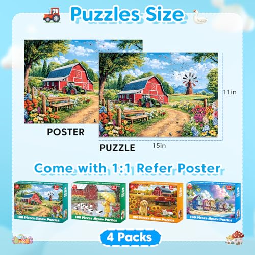 100 Piece Puzzles for Kids Ages 4-6 6-8 8-10 | Farms Beach Resort Jigsaw Puzzles for Seniors Adults, Educational Learning Toys Gifts for Girls Boys 4-Pack 15"x11" - style: Farms & Beach Resort
