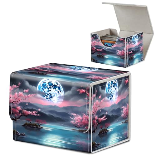 Card Deck Box for MTG, Microfiber Lining and Waterproof PU Leather Large Size Card Box, Fit 100+ Single Sleeved Cards, Strong Magnet Collectible Card Storage Box Fit TCG Fit MTG, Cherry Blossom Moon - color: Cherry Blossom Moon