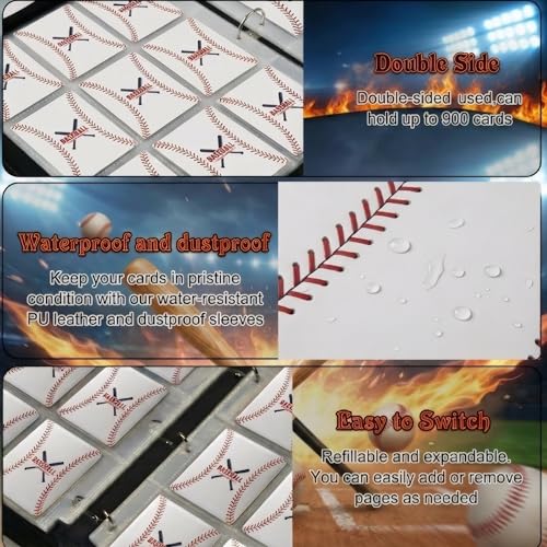 Trading Card Binder 9 Pocket, White Baseball Card Binder Holds 900 Cards with 50 Removable Sleeves, Waterproof PU Leather with Zipper Card Collector Album Book Compatible with TCG Cards - color: White Baseball