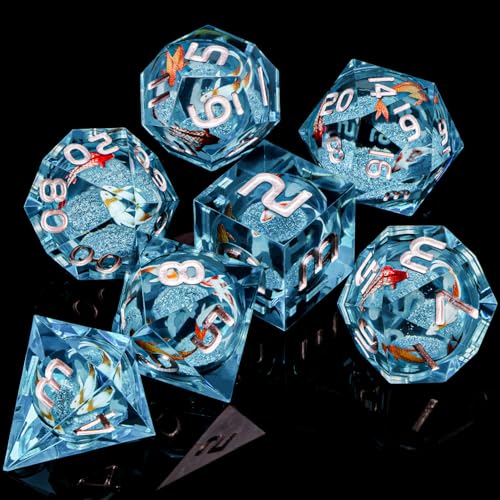 ARUOHHA Liquid Core DND Dice Set, 7pcs Resin Blue Sharp Edged Dragons Dice Compatible with D&D Role Playing Games, Handmade RPG Koi Fish Dungeons Polyhedral Dice Set D20 D12 D10 D8 D6 D4 - color: Hy-blue