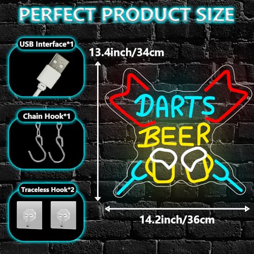 Beer Neon Sign, Darts Beer Led Neon Light Sign for Bar Dart Room Wall Decor Dimmable Dart Light Up Sign for Man Cave Home Bar Pub Club Party Decoration Gift for Men Husband USB Powered（14.2"*13.4"） - style: Beer-1