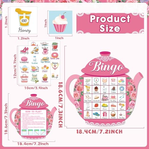 39Pcs Tea Party Bingo Game for Adults 24 Players Floral Teapot Shape Bingo Cards with Reward Stickers for Family Friend Student Large Group Activities Garden Bridal Wedding Holiday Party Favors - style: Tea
