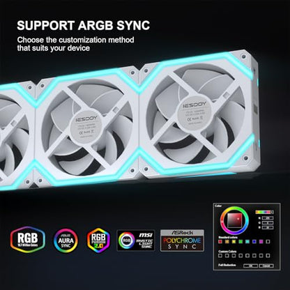 Iesooy ARGB Cooling Fan, 1800RPM 5V 3-PIN Cable, 120mm PWM PC Case Fan, ARGB Async/Sync Mode, Daisy Chain Modular Stackable, Silent for CPU Liquid Coolers （White, Forward, 3-Pack） - color: White