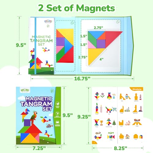 BenBen Travel Tangram Puzzle with 2 Sets Magnetic Wooden Shapes for Kids | Extra Large Dual-Sided Magnet Surface, Color Pattern IQ Book, Road Trip Car Plane Game, Educational STEM Toys for Kids Adults - style: 14 Pieces Blocks