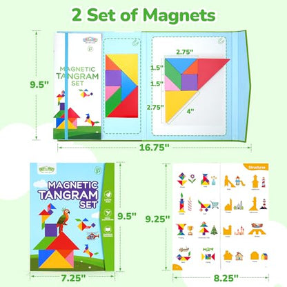 BenBen Travel Tangram Puzzle with 2 Sets Magnetic Wooden Shapes for Kids | Extra Large Dual-Sided Magnet Surface, Color Pattern IQ Book, Road Trip Car Plane Game, Educational STEM Toys for Kids Adults - style: 14 Pieces Blocks