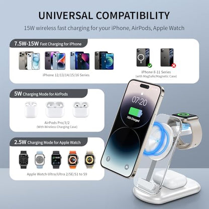 2026 Travel Wireless Mag-Safe Fast Charging Station,Magnetic 3 in 1 Charger with Light for iPhone16 15 14 13 12 Pro Max Plus,Apple Watch Series & Air pods 4 3 2 Pro-Gifts for Wife & Husband(Cyan) - color: Cyan
