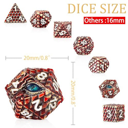 Metal Dice Set D&D,7 PCS Dragon Scale Metallic DND Dice Set,Dragon Eye Metal Dice with Grogeous Gift Case for Dungeons and Dragon Tabletop Game (Reddish Brown Dragon Scale & Cyan Eye) - color: Reddish Brown Dragon Scale & Cyan Eye