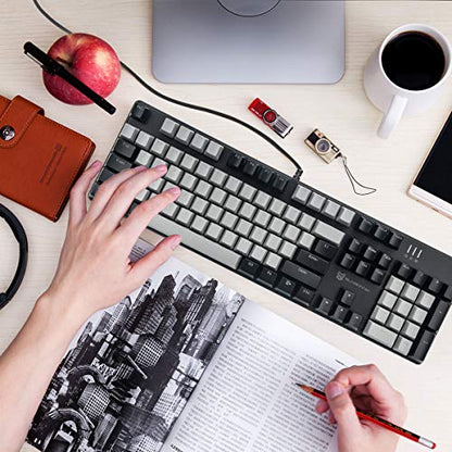 Merdia 104 Keys Wired Mechanical Gaming Keyboard | White LED Backlit US Layout | Hot Swappable Blue Switch Full Size Mechanical Keyboard | Black & Grey Keycaps Light Up PC Gaming Computer Keyboards - color: Blue Switch Black & Grey