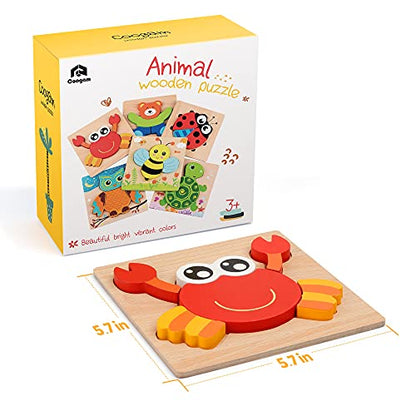 Coogam Wooden Jigsaw Puzzle Set, 6 Pack Animal Shape Color Montessori Toy, Fine Motor Skill Early Learning Preschool Educational Gift Game for Years Old Kids