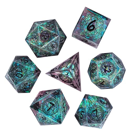 Cusdie 7-Die Sharp Edges DND Dice Set, Magic Circle Pattern Polyhedral D&D Dice Set for DND TTRPG Role Playing Games - color: Magic Pattern-transparent Black