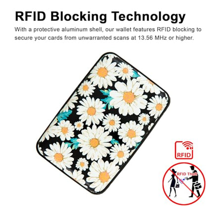 Credit Card Holder Small RFID Blocking Wallet Business Metal Slim Mini Aluminum Hard Case for Women Men - color: Daisy Flower