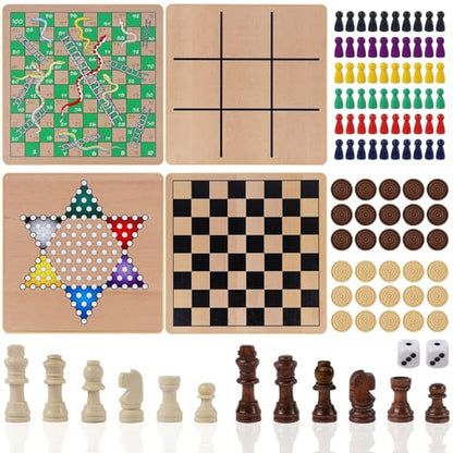 Glintoper 5-in-1 Wooden Board Game with 2 Reversible Boards for Chess, Checkers, Chinese Checkers, Snakes and Ladders, Tic Tac Toe, Tabletop Combo Classic Portable Board Games for Kids to Adult