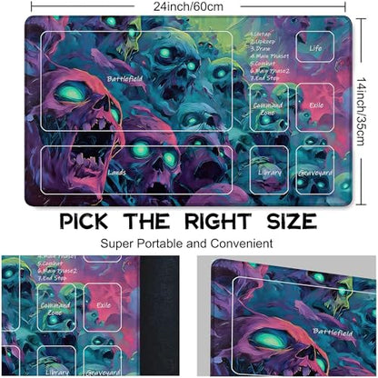 Playmat for MTG Fantasy Skull Magic Play Mat 24x14 Inch Card Game Mat for Magic The Gathering TCG PTCG Playmat with Free Storage Bags Non-Slip Backing and Stitched Edge - color: Fantasy Skull With Zones