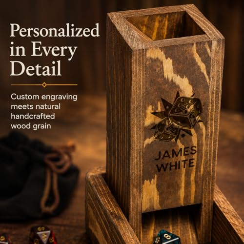 Personalized Wooden Dice Tower with Tray – Custom Engraved DND Dice Tower, Handcrafted Oak & Walnut RPG Accessory, Dungeon Master Gift, Tabletop Gaming Dice Roller