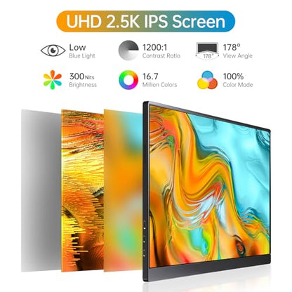Anyuse Portable 16.0" QHD 2.5K Laptop Monitor - USB C HDMI Gaming Ultra-Slim IPS Display w/Smart Cover & Speakers, HDR Plug&Play, External Monitor for Laptop PC Phone Mac Xbox PS5/PS4 Switch - size: 16"Portable